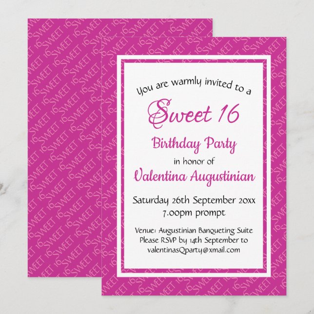 SWEET 16 Birthday Personalised PINK Invitation (Front/Back)