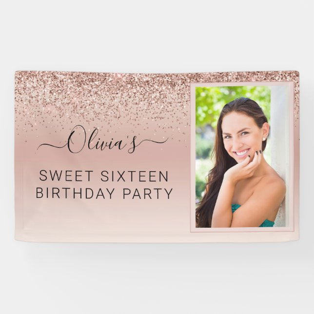 Sweet 16 Birthday Photo Blush Pink Glitter Girly Banner (Horizontal)