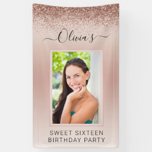 Sweet 16 Birthday Photo Blush Pink Glitter Girly Banner