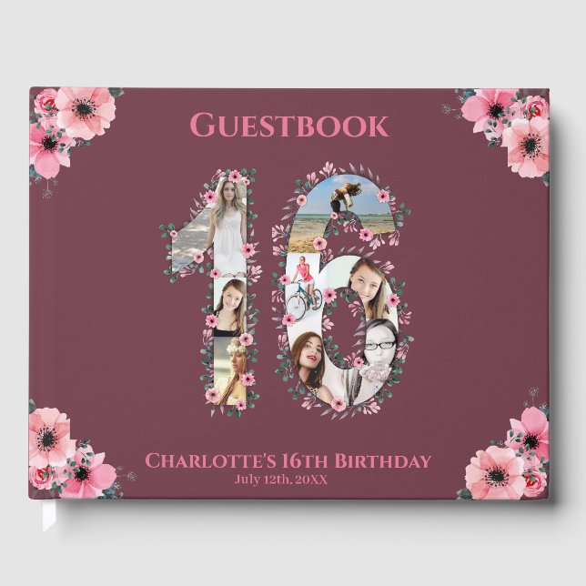Sweet 16 Birthday Photo Collage Flower Girl Pink Guest Book (Front)