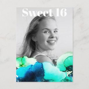 *~* Sweet 16 Birthday Photo Green Navy Mint AP29  Invitation Postcard