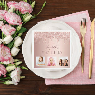 Sweet 16 birthday photo rose gold glitter pink napkin