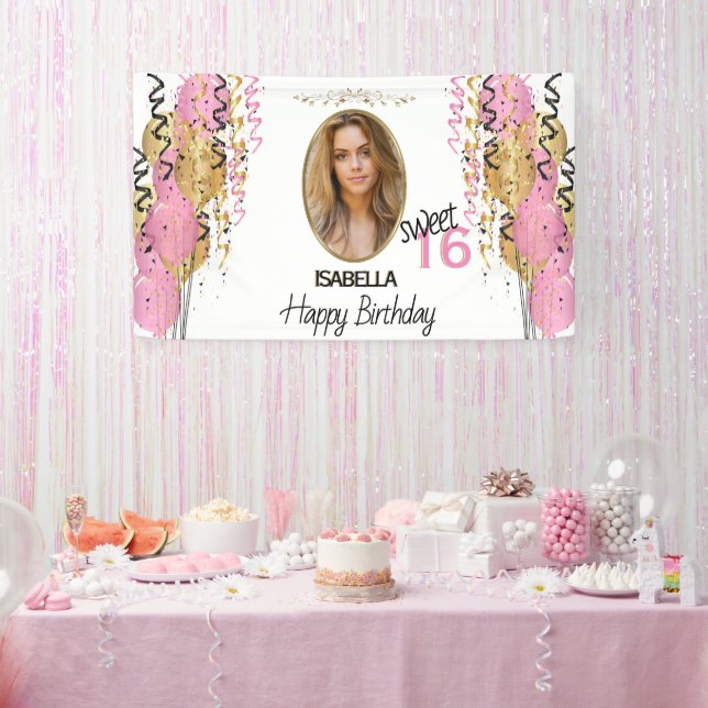 Sweet 16 Birthday - Pink Balloons Banner (Party)