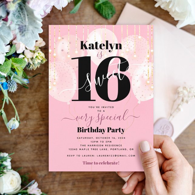 Sweet 16 Birthday Pink Balloons Gold Girly Bold Invitation (Creator Uploaded)