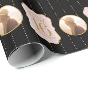 Sweet 16 Birthday Pink Black Personalised Photo Wrapping Paper
