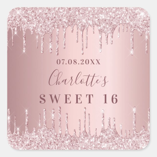 Sweet 16 birthday pink dusty rose glitter monogram square sticker (Front)