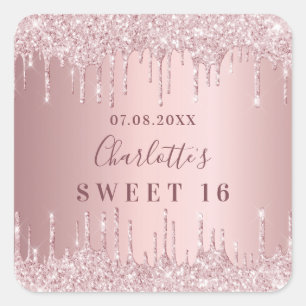 Sweet 16 birthday pink dusty rose glitter monogram square sticker