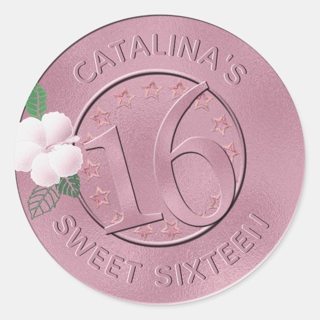 Sweet 16 Birthday Pink Faux Metallic Foil Floral Classic Round Sticker (Front)
