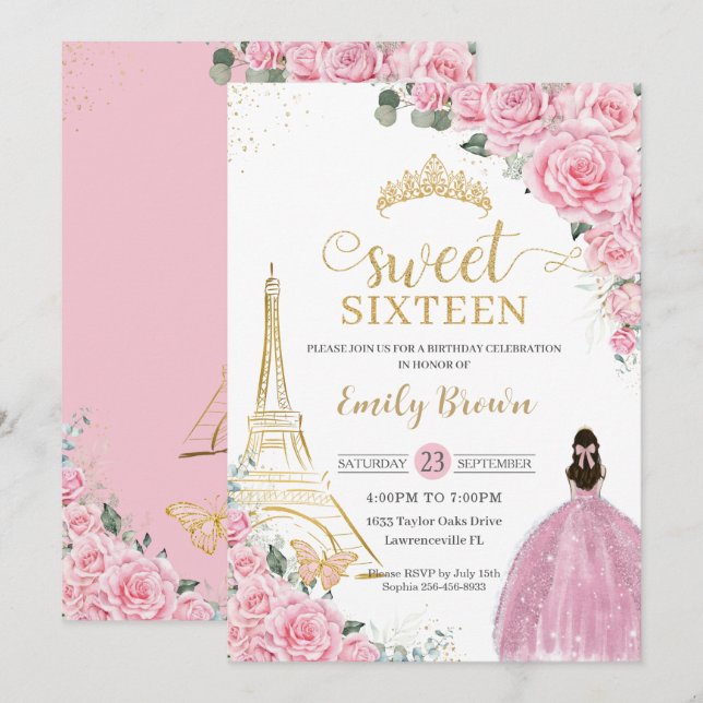 Sweet 16 Birthday Pink Floral Paris Eiffel Gold Invitation (Front/Back)