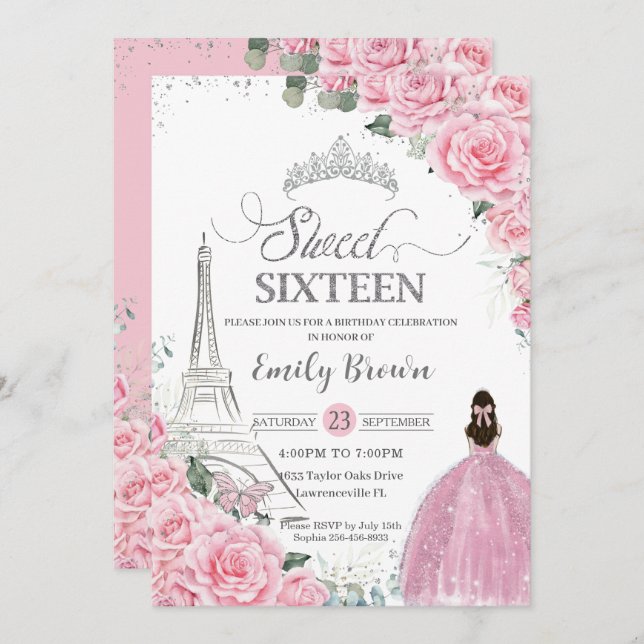 Sweet 16 Birthday Pink Floral Paris Eiffel Silver Invitation (Front/Back)