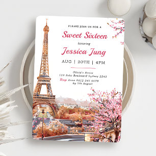 Sweet 16 Birthday Pink Floral Paris Eiffel Tower  Invitation