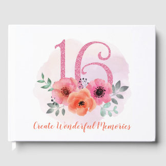 Sweet 16 Birthday Pink Floral Watercolor Glitter Guest Book
