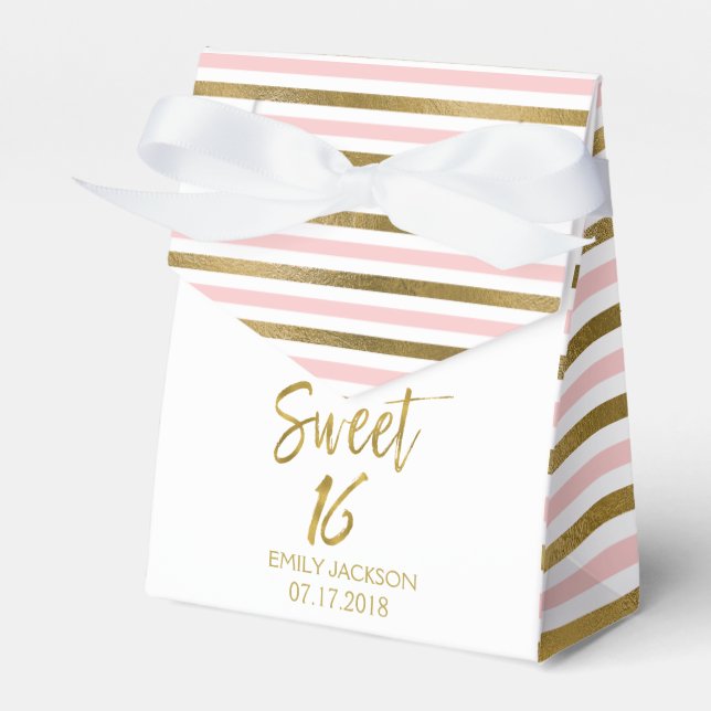 Sweet 16 Birthday Pink & Gold Foil Stripes Favour Box (Front Side)