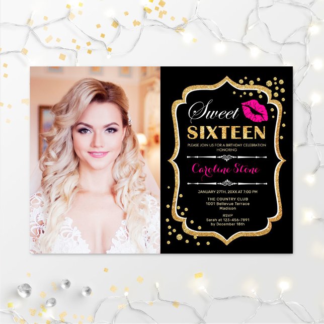 Sweet 16 Birthday Pink Kiss Gold Black Photo Invitation (Creator Uploaded)