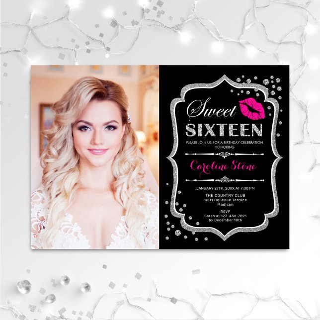 Sweet 16 Birthday Pink Kiss Silver Black Photo Invitation (Creator Uploaded)