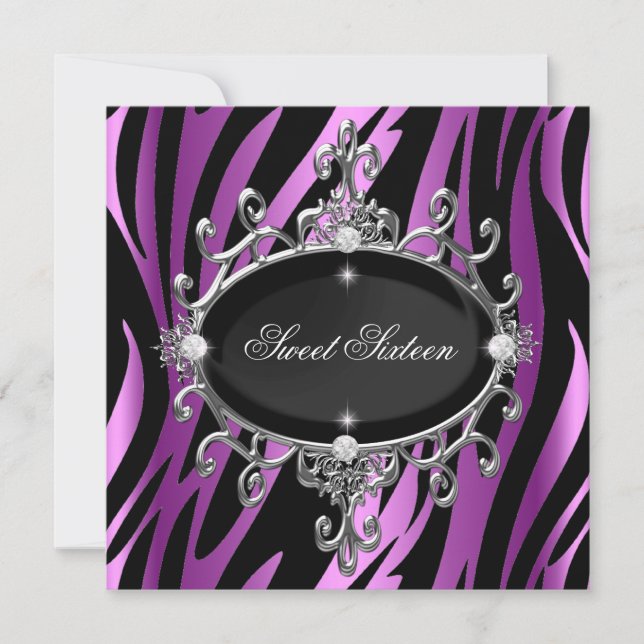 Sweet 16 Birthday Pink Purple Zebra Black Stripe Invitation (Front)