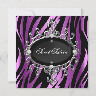 Sweet 16 Birthday Pink Purple Zebra Black Stripe Invitation
