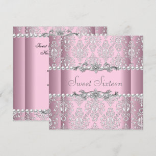 Sweet 16 Birthday Pink Silver White Pearl Lace Invitation