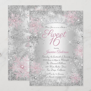 Sweet 16 Birthday Pink Silver Winter Wonderland Invitation