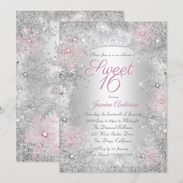 Sweet 16 Birthday Pink Silver Winter Wonderland Invitation (Front/Back)