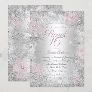 Sweet 16 Birthday Pink Silver Winter Wonderland Invitation
