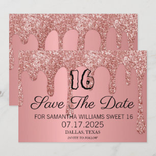 Sweet 16 Birthday Pink Sparkle Glitter Drips Save The Date