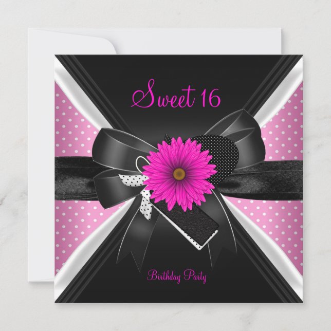 Sweet 16 Birthday Polka Dot  Black White Pink 2 Invitation (Front)