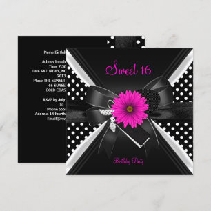 Sweet 16 Birthday Polka Dot  Black White Pink Invitation