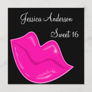 Sweet 16 Birthday Pretty Pink Lips on Black 2 Invitation