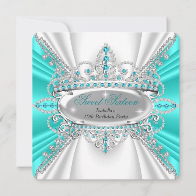 Sweet 16 Birthday Princess Teal Diamonds Tiara Invitation (Front)