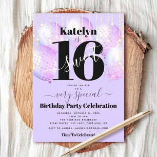 Sweet 16 Birthday Purple Balloons Bold Modern Fun Invitation