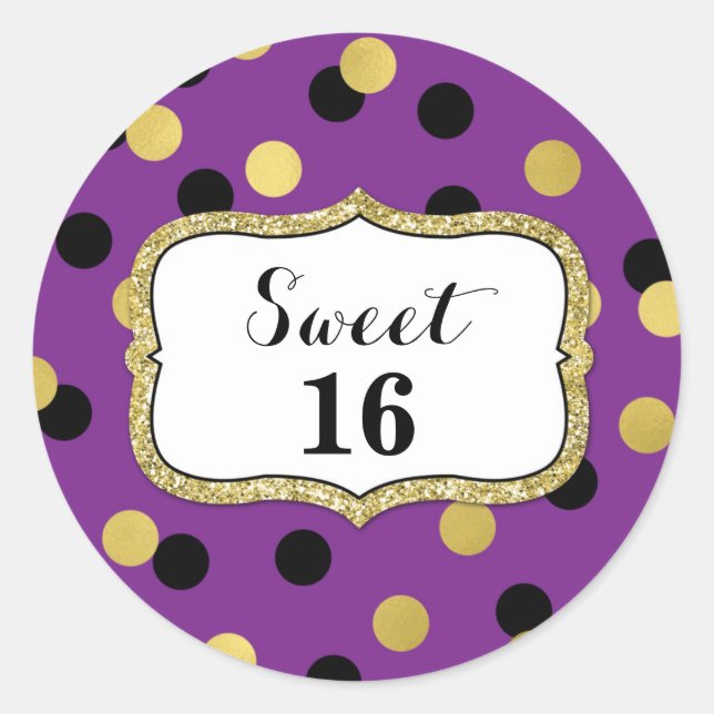 Sweet 16 Birthday Purple Black Gold Confetti Classic Round Sticker (Front)