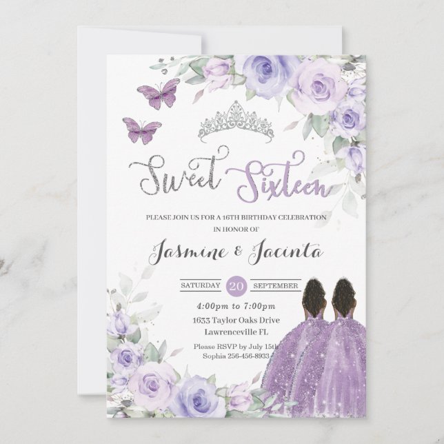 Sweet 16 Birthday Purple Floral Brown Princesses  Invitation (Front)