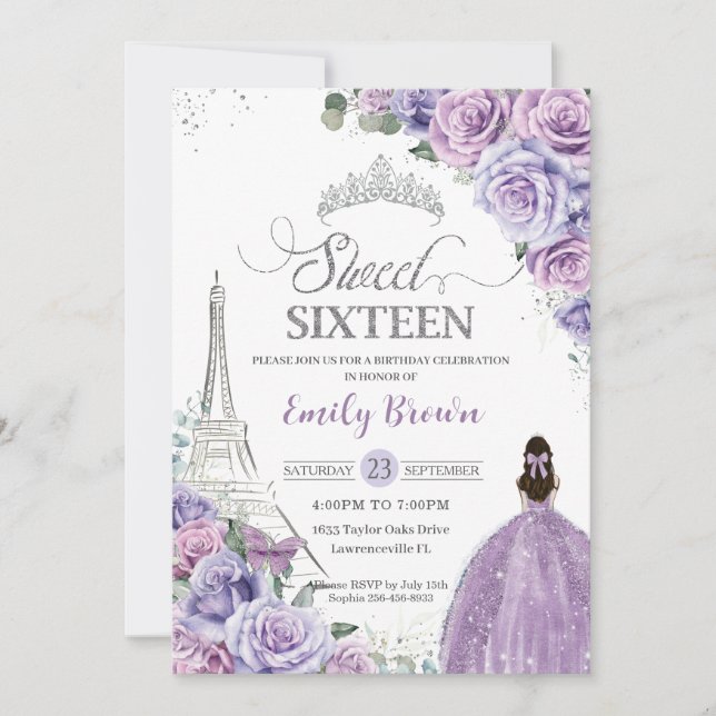 Sweet 16 Birthday Purple Floral Paris Eiffel Tower Invitation (Front)