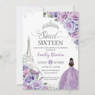 Sweet 16 Birthday Purple Floral Paris Eiffel Tower Invitation