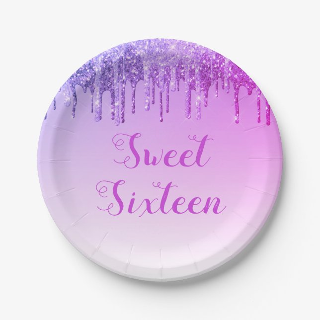 Sweet 16 Birthday Purple Glitter Sparkle Paper Plate (Front)