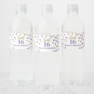 Sweet 16 Birthday Purple Gold Confetti Water Bottle Label