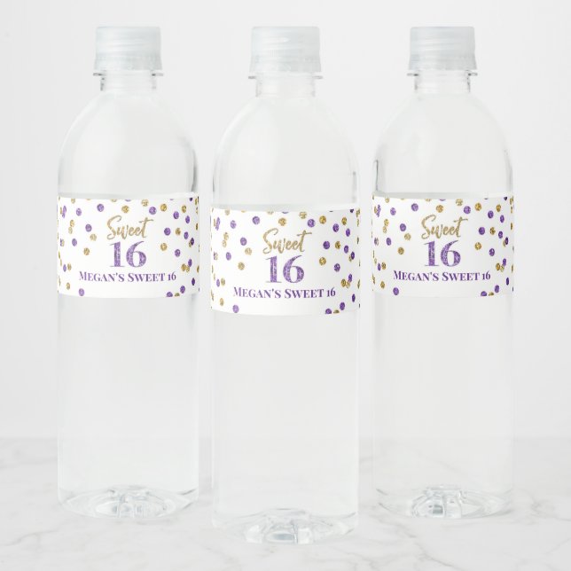 Sweet 16 Birthday Purple Gold Confetti Water Bottle Label (Bottles)