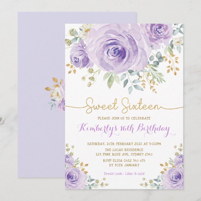Sweet 16 Birthday Purple Gold Floral Sweet Sixteen Invitation (Front/Back)