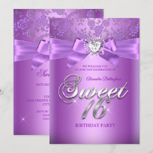 Sweet 16 Birthday Purple Lilac Diamond Heart Invitation