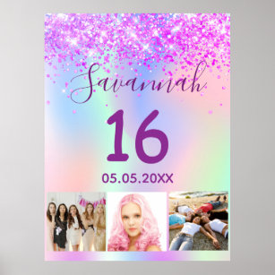 Sweet 16 birthday purple pink holographic photo poster