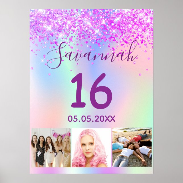 Sweet 16 birthday purple pink holographic photo poster (Front)