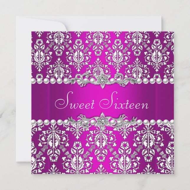 Sweet 16 Birthday Purple Pink Silver White Lace Invitation (Front)
