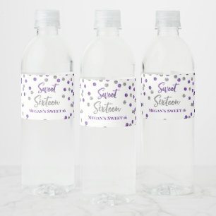 Sweet 16 Birthday Purple Silver Confetti Water Bottle Label