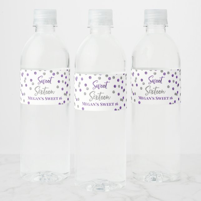 Sweet 16 Birthday Purple Silver Confetti Water Bottle Label (Bottles)