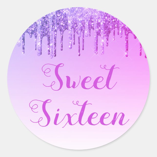 Sweet 16 Birthday Purple Sparkle and Glitter Classic Round Sticker (Front)
