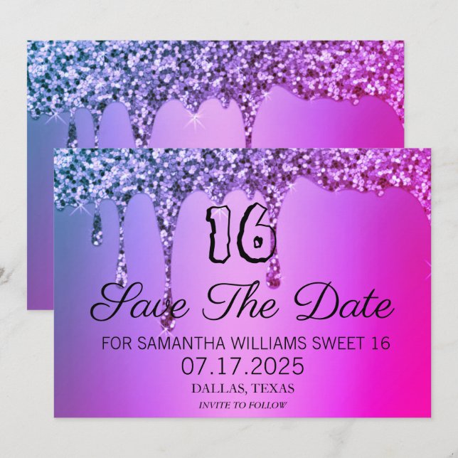 Sweet 16 Birthday Purple Sparkle Glitter Drips Save The Date (Front/Back)