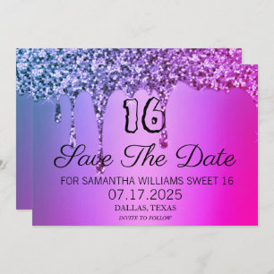 Sweet 16 Birthday Purple Sparkle Glitter Drips Save The Date