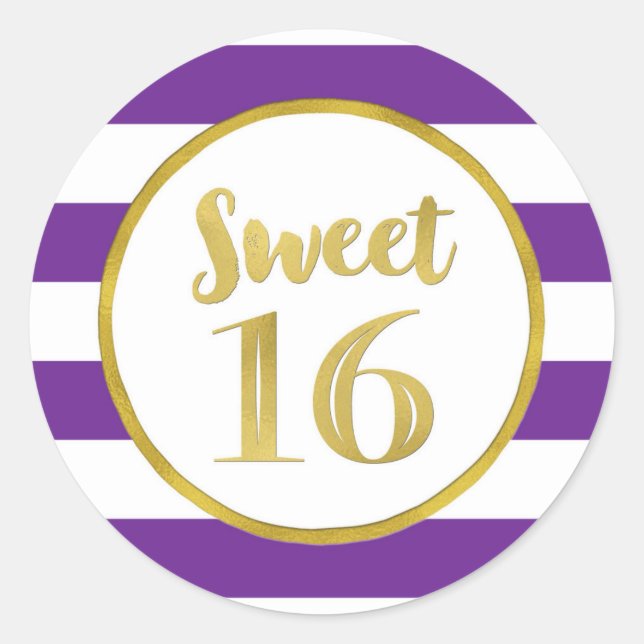 Sweet 16 Birthday Purple Stripes Gold Classic Round Sticker (Front)