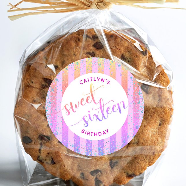 Sweet 16 birthday rainbow ombre glitter script classic round sticker (Creator Uploaded)